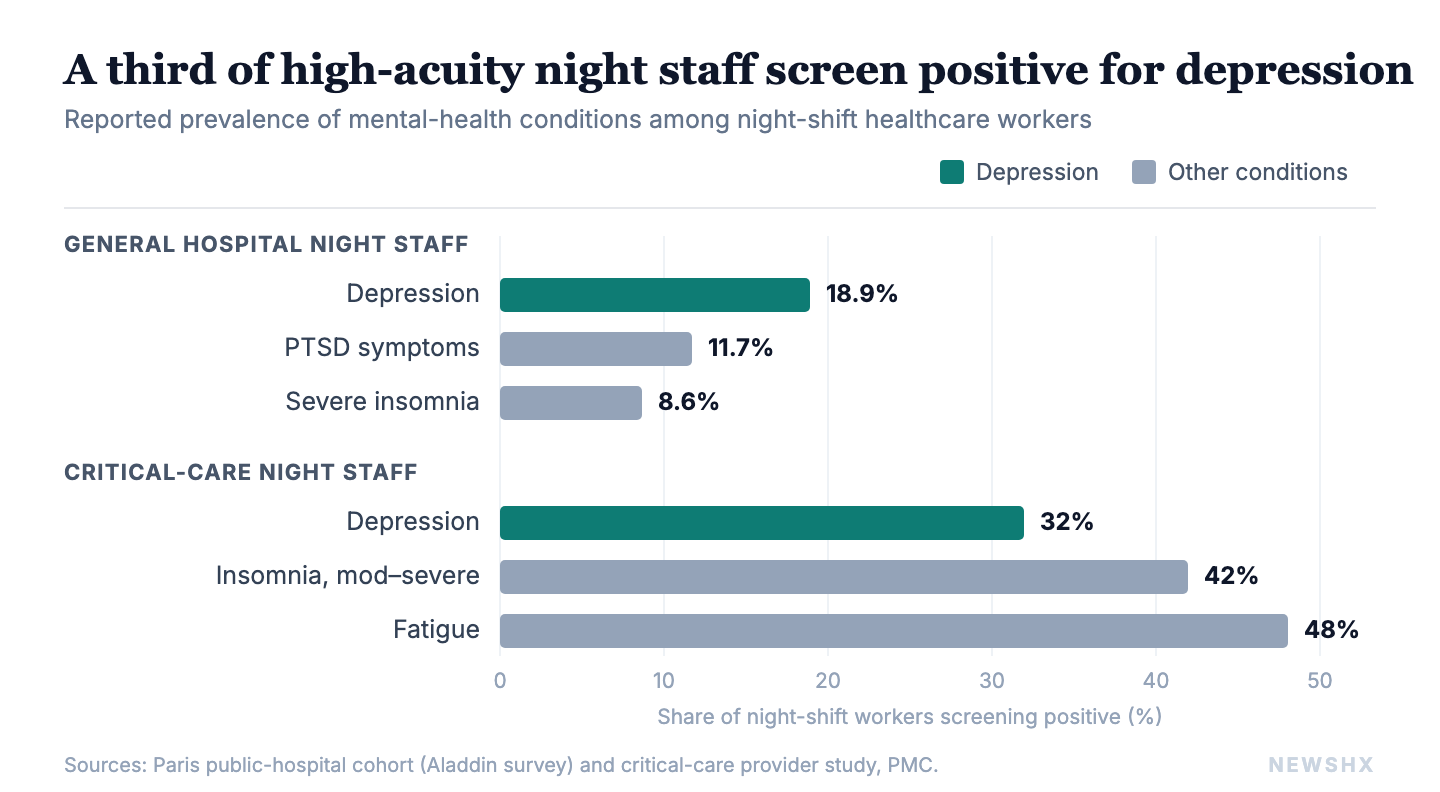 Depression climbs from 18.9% in general night staff to 32% in critical care, the highest-acuity setting we ask people to staff overnight. These are the people making life-and-death decisions at 3 a.m.